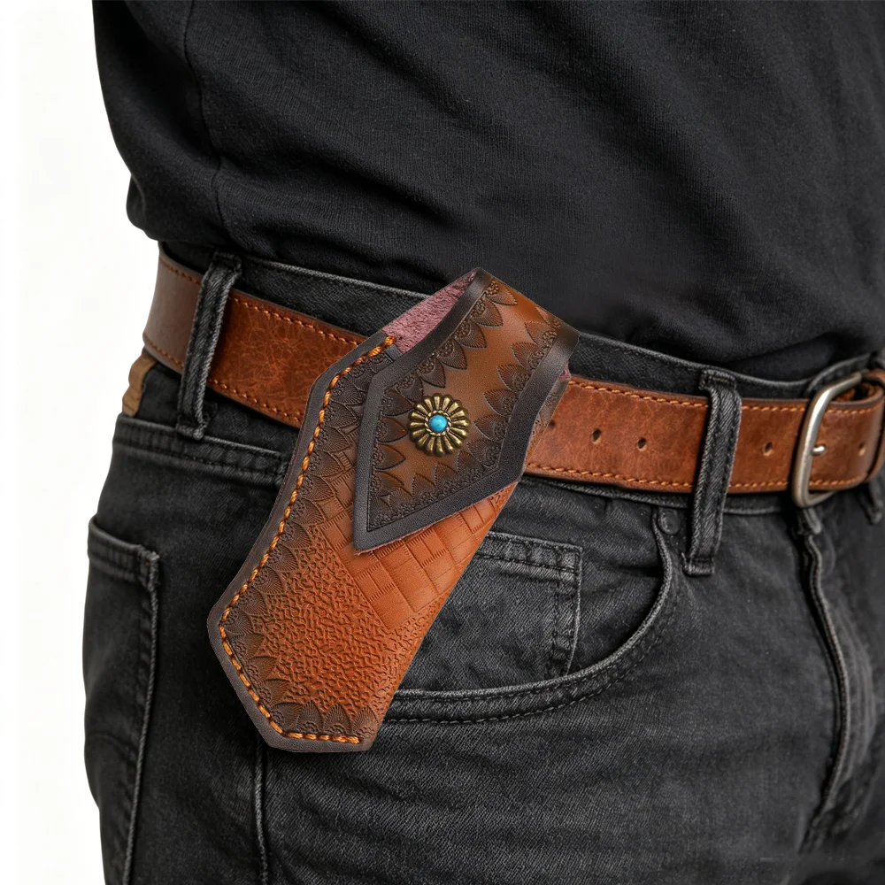 Suporte para Faca Dobrável de 17,5cm, Bainha de Couro Bovino Gravado, Capa de Couro de Grão Superior, Estojo para Faca de Acampamento com Fivela de Cinto