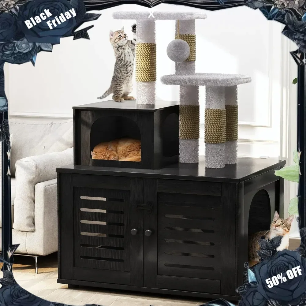 Cat Litter Box Enclosure with Tree, Hidden Cat Washroom Furniture with Divider, Wooden Cat House with Platform