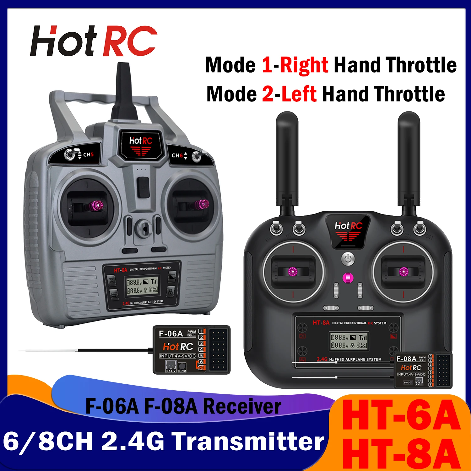 

HotRC 6CH 8CH RC Aircraft PWM Transmitter 2.4G HT-6A HT-8A with Receiver Radio System for Remote Control Model Vehicles Ship Toy