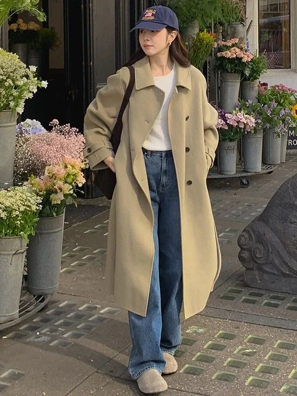 

Retro Chic Hepburn Sle Long Woolen Coat Women's Winter Coat with Belt Design Commute Sle Pure Color Chinese Production