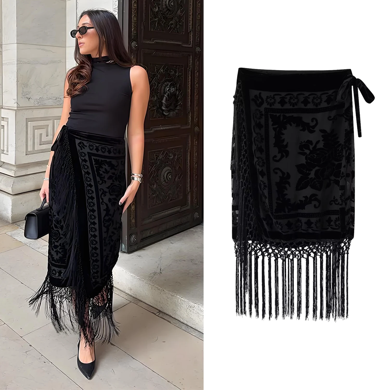 Falda midi vintage estampada con flecos para mujer, falda de terciopelo negro con flecos de brocado, faldas de cintura alta con cordones para fiesta de noche