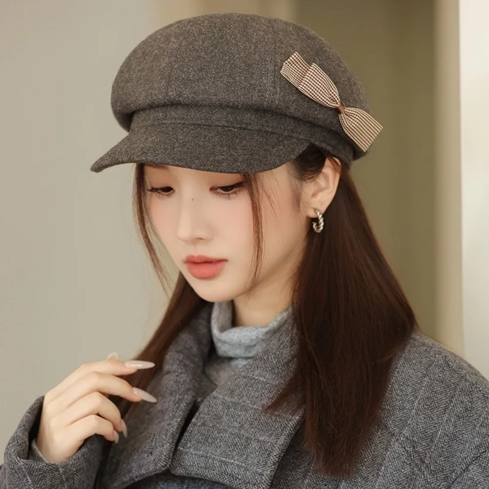 

Fashion Wool Bow Beret Solid Color Big Head Circumference Newsboy Hat Y2k Korean Style Painter Hat Streetwear