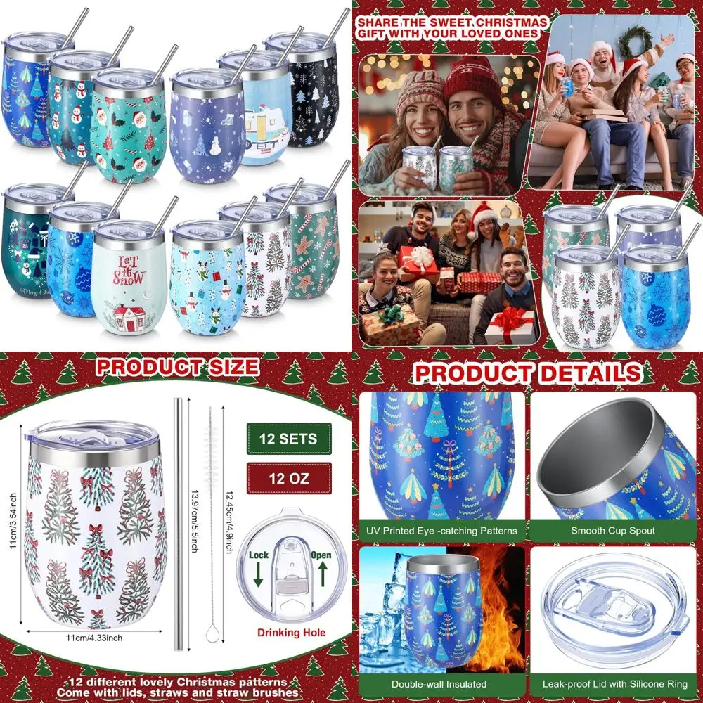 

Christmas Stainless Steel Wine Tumblers Set of 12 - 12 oz with Straws and Brush, Santa and Elk Design, Perfect Holiday Gift