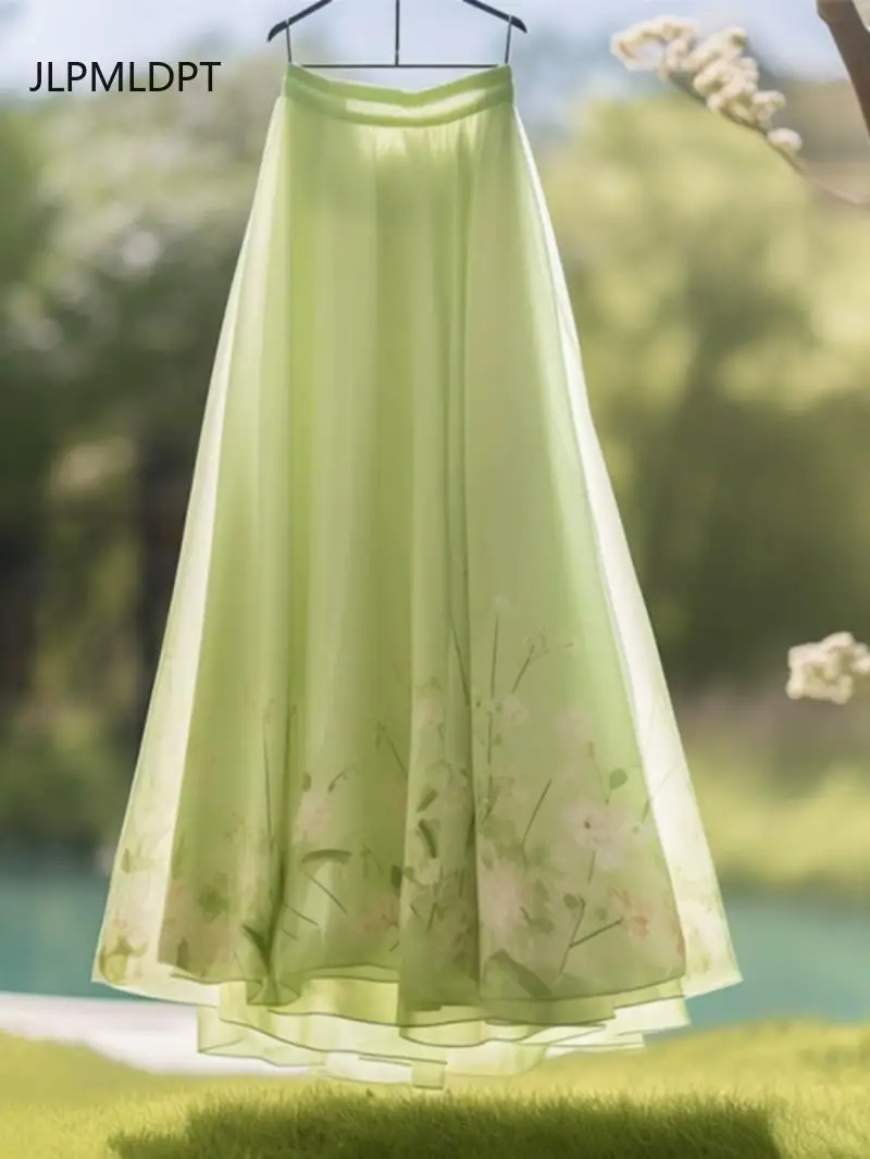 Korean fashion mint  green printing high waist A-shaped skirt fashionable versatile and beautiful skirt