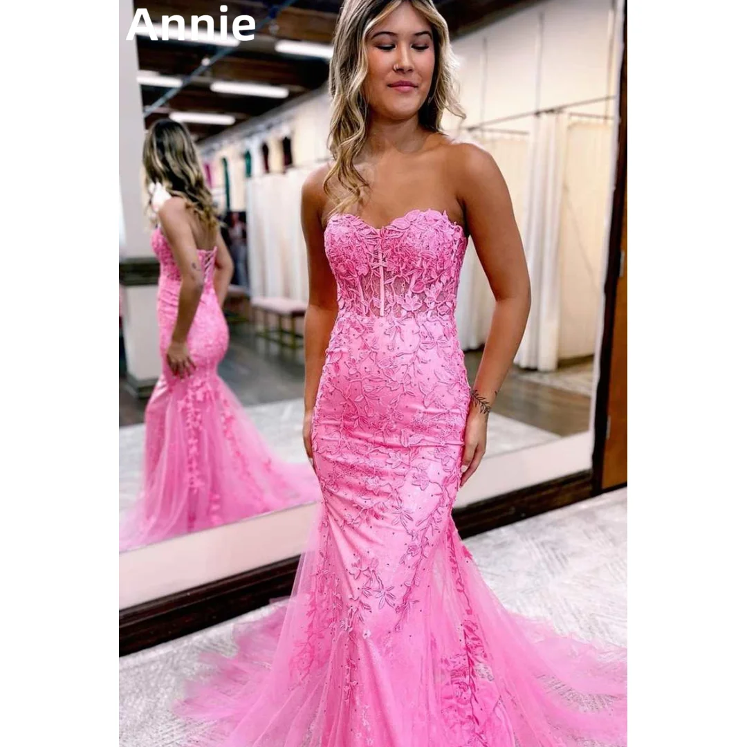 

Annie Sweet Pink Prom Dresses Tulle Embroidered Mermaid Wedding Dress Off-the-shoulder Cocktail Dresses Vestidos De Fiesta