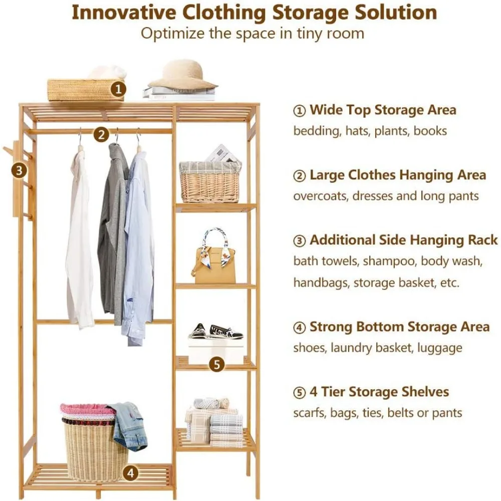 Bamboo Garment Rack 6 Tier Storage Shelves Clothes Hanging Rack with Side Hooks, Heavy Duty Clothing Rack Portable Wardrobe