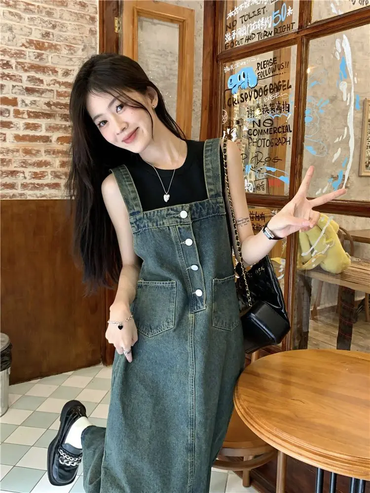 

Платье на бретелях для женщин, французский дизайн, ниша, элитное свободное однобортное платье в стиле ретро, модное