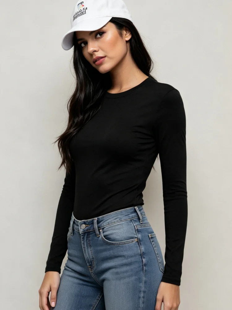 Autumn 2026 Women Long Sleeve T-shirt Solid Black Crew Neck Fitted Stretchy Basic Top Casual Daily Base Layer Shirts Sizes S–XXL
