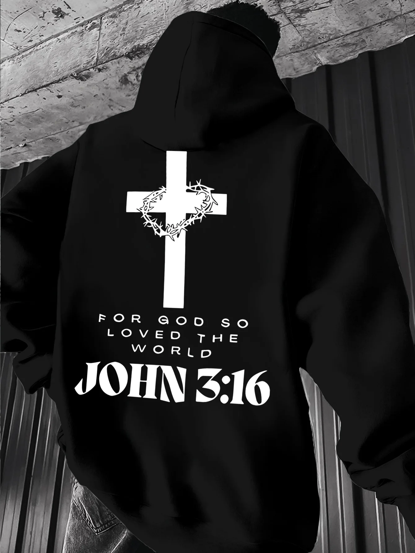 Übergroßer Christlicher Kreuz-Hoodie mit Aufschrift "Johannes 3:16" Herren Hip-Hop Sport Streetwear Lässiger Fleece-Pullover – Detail 2