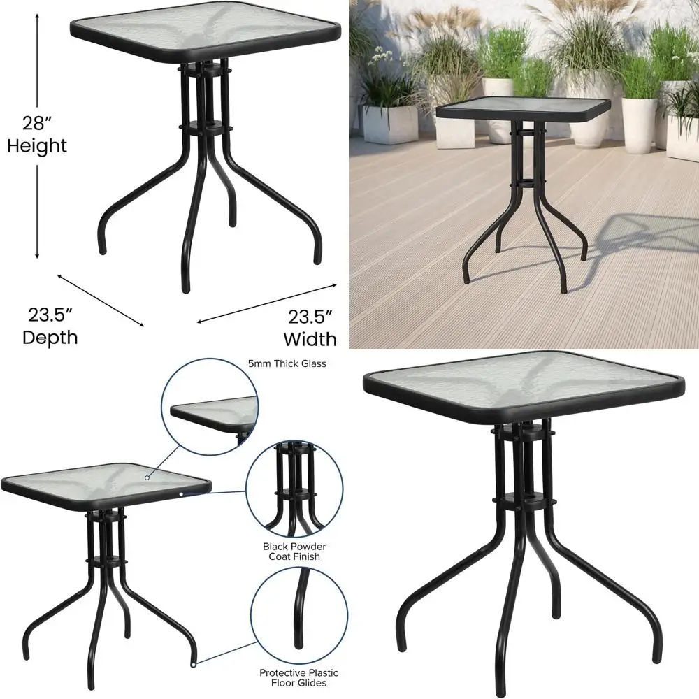 

23.5 Square Tempered Glass Patio Side Table, Suitable for Indoor/Outdoor, Clear/Black