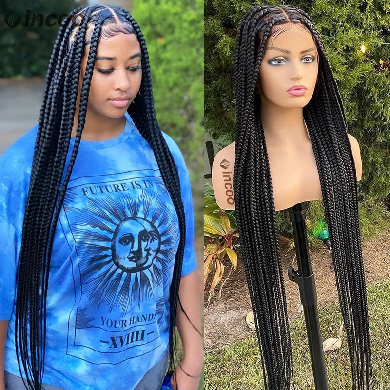 Wig kepang sintetis untuk wanita hitam Wig depan renda penuh Wig kepang kotak tanpa simpul besar 36 "Wig kepang Cornrow Wig Tribal Jumbo