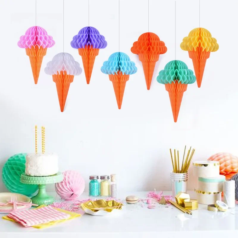 Ice Cream Sweet Cone Sundae Popsicle Honeycomb Ball Pendant Happy Birthday Party Supplies Baby Shower Boy Girl Shop Window Decor