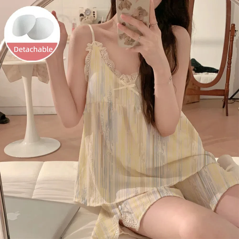 Ins Flower Bear Suspender Shorts Suit V-Neck Sleeveless Two Piece Sleepwear with Padded Ruffle Camisole Shorts Pajamas Home