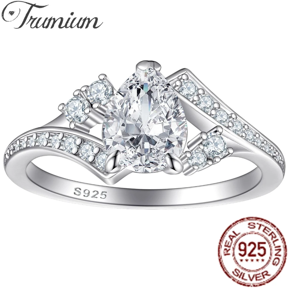 

Trumium Genuine 1.25ct S925 Sterling Silver AAAAA Zircon Water Drop Luxury Rings for Women Pear Engagement Wedding Bands