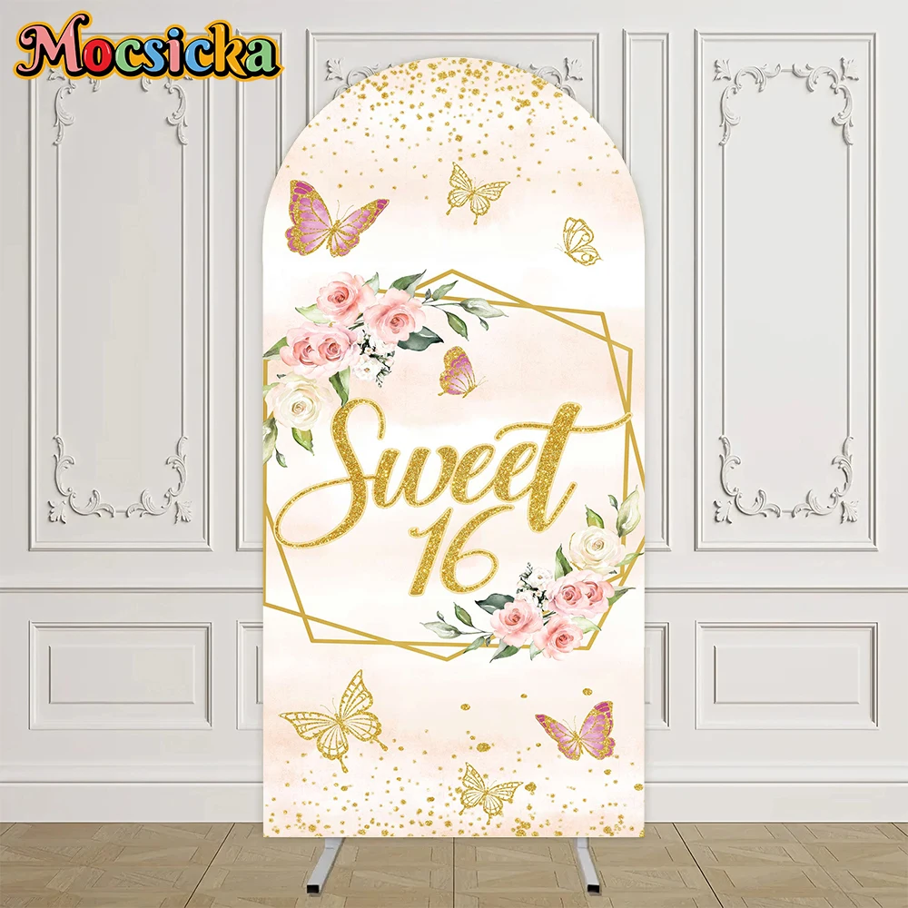 Mocsicka المائية 2 الوجهين قوس خلفية لينة الوردي الذهب الأزهار شبه دائرة الحدود الفراشات الورود البيضاء الذهب بريق النقاط