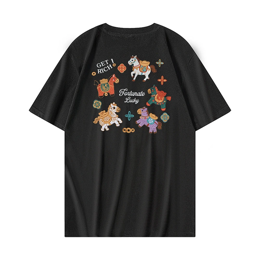 Lyprerazy Chinese New Year Pony Cartoon Embroidery Light-sensitive Light Becomes Loose and Comfortable Trendy Round Neck T Shirt