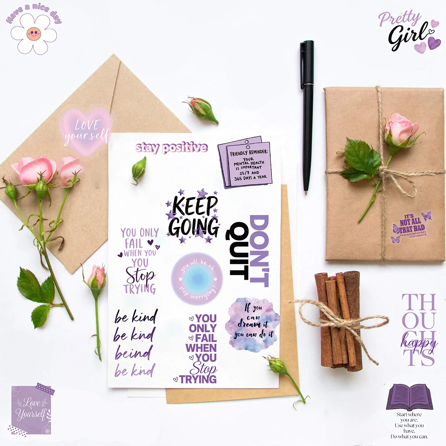 50PCS Purple Positive And Inspiring Sticker Cartoon Waterproof Stationery Aesthetic Phone Luggage Decorative Guitar Sticker