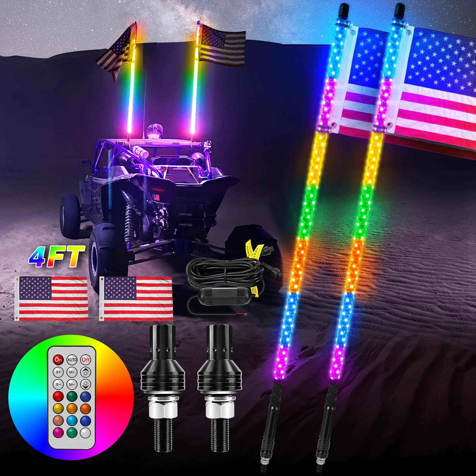 

4ft/1.2m LED Whip Light RGB Waterproof Multi-Color Flagpole Lamp Bowlight for Offroad Sand Rails/Buggies,SxS, ATV/UTV,RZR,Trucks