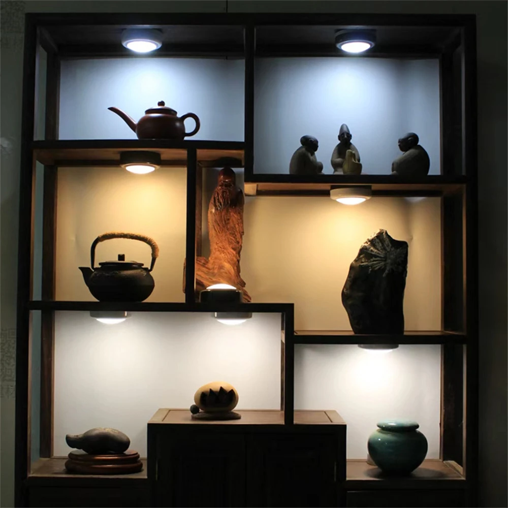 LED Puck Light Remote Control Dimmable Under Cabinet Lamp Adjustable Brightness Timing Night Lights for Kitchen Wardrobe Light