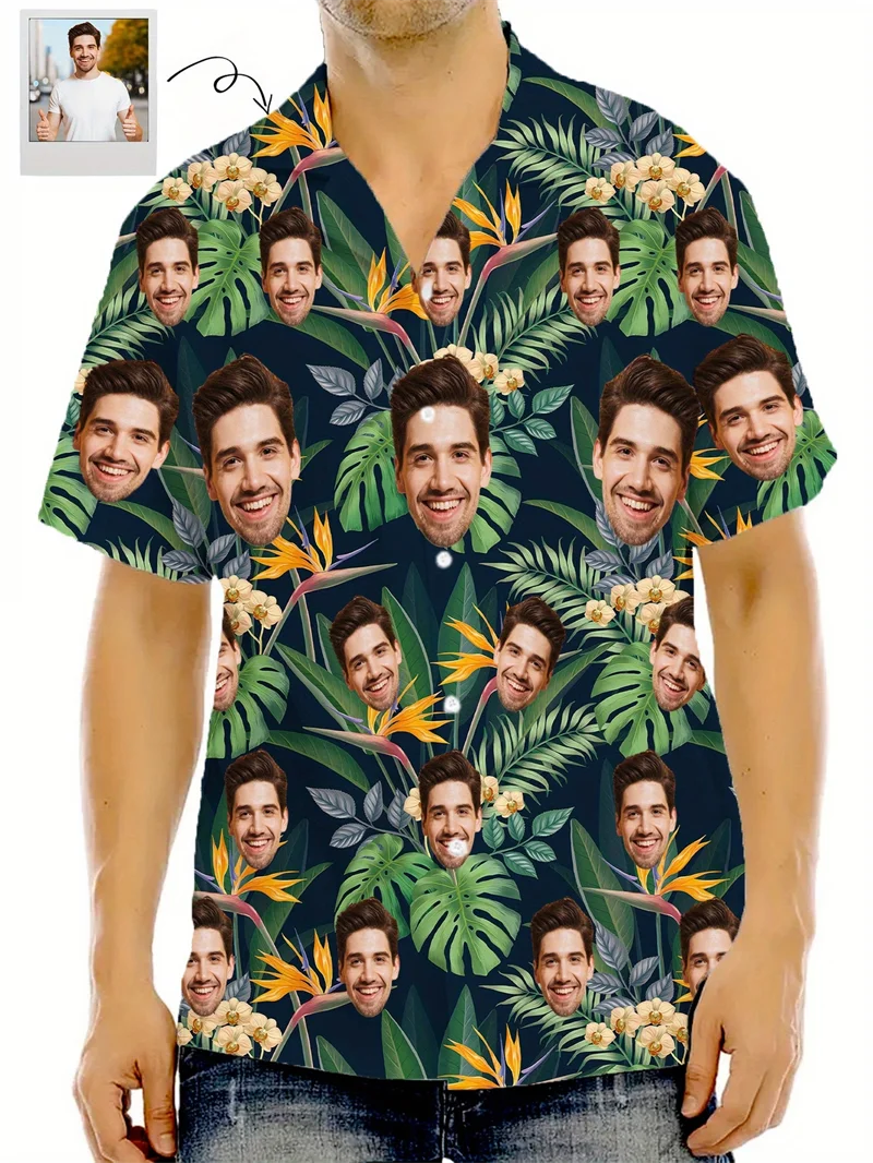 

Custom Photo Hawaiian Mens Shirts Women Personalized Face Print Tropical Leaf Graphic Button Down Beach Top High Quality Shirts