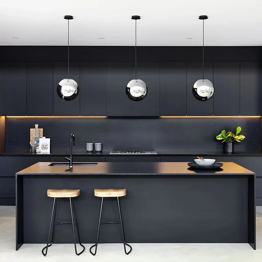 Black High Glossy Lacquer Modular Kitchen Cabinet Set, Marble Countertop, Faucet, Modern Design, Soft Close Hardware