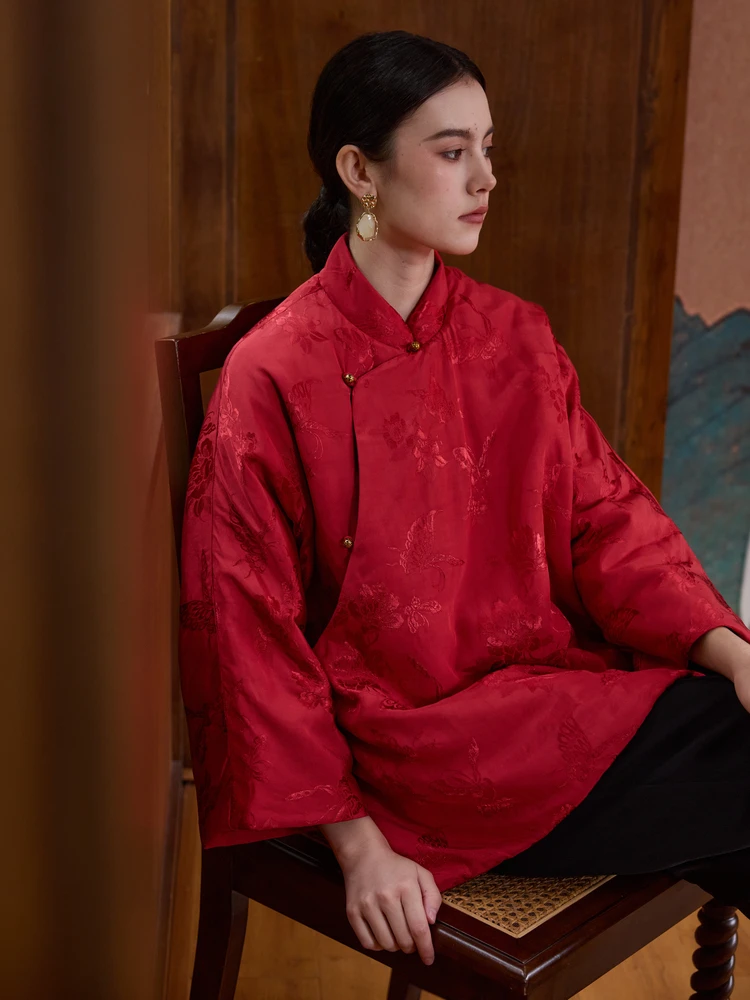 

TAORAN Red National Sle Cotton Jaet Young Women's Stand Collar Cotton Clothes Outerwear Zen Tea Service Top Commute