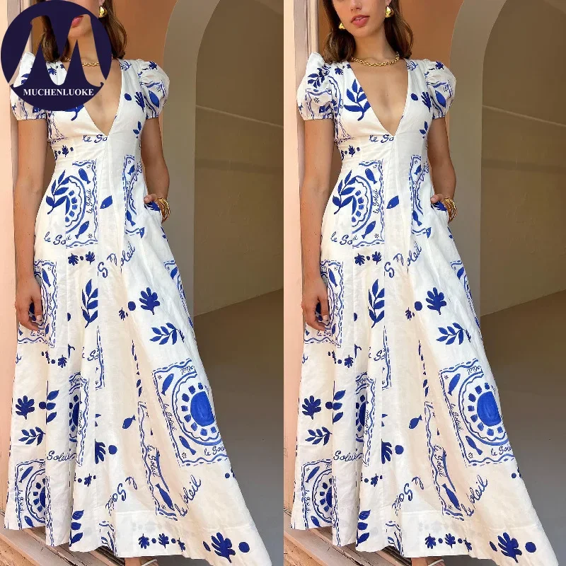 Elegant Summer Printed Dress for Women V-Neck Puff Sleeve Low Cut Slim Fit High Waist Fashionable Casual Maxi Dress