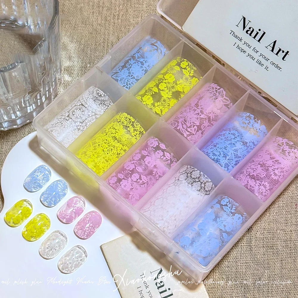 10 Rolls Box Macaron Transfer Foils Colorful Lace Pink Blue Flower Nail Foils Stickers DIY Manicure Sticker for Beautiful Nails