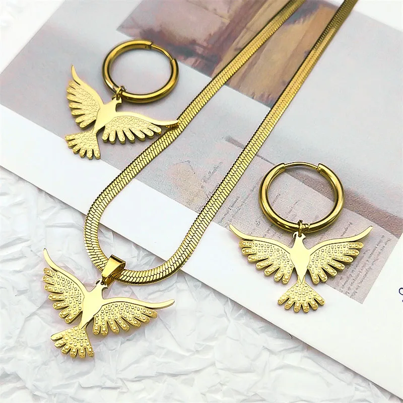 

Fashion Pigeon Dove Pendant Necklace Earring for Women Stainless Steel Gold Color Animal Clavicle Necklaces Jewelry Set NXS04
