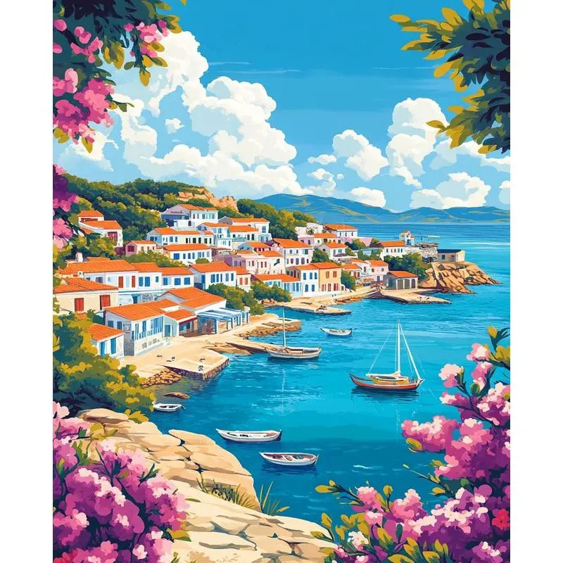 

PhotoCustom Paint By Number Handpainted Landscape Kits Art Diy Painting By Number Seaside Town Wall Art Decor Gift