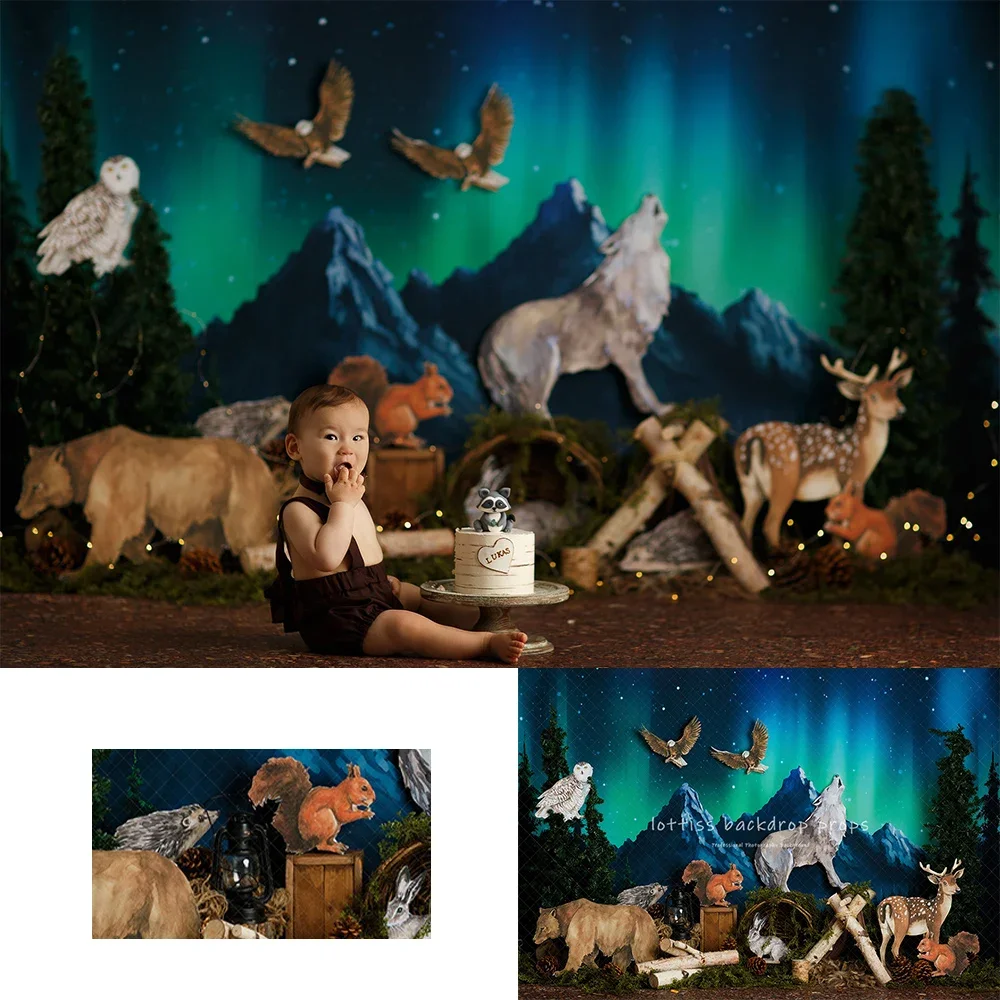 Northern Lights Forest Backdrops Kids Baby Birthday Cake Smash Photocall Child Adult Photography Animal Jungle Backgrounds