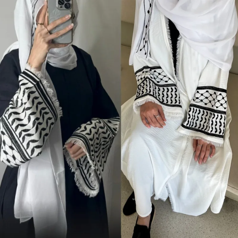 New Soft Crepe Embroidery Palestine Kefiyyeh Abaya Ramadan Tassel Dubai 2024 Abaya Women Muslim Dress Modest Islamic Clothing