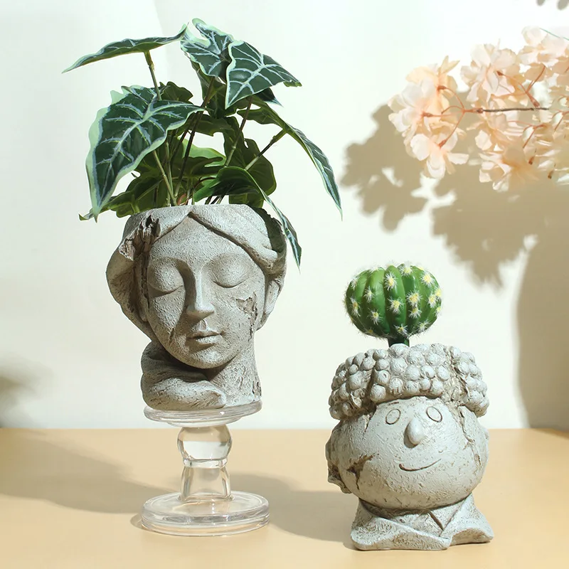 Unique Artistic Figurine Head Resin Plant Pot Irregular Cartoon Head Succulent Planter Home Tabletop Ornament Garden Decoration
