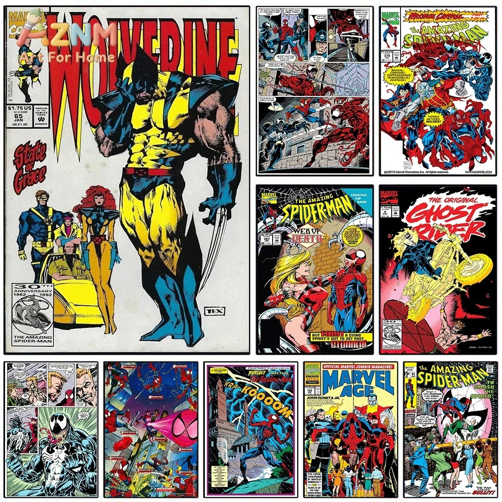 Wolverine Spider‑Man Venom Retro Comic Canvas Wall Art Vintage Superhero Print Poster, Frameless Wall Hanging Picture for Boys