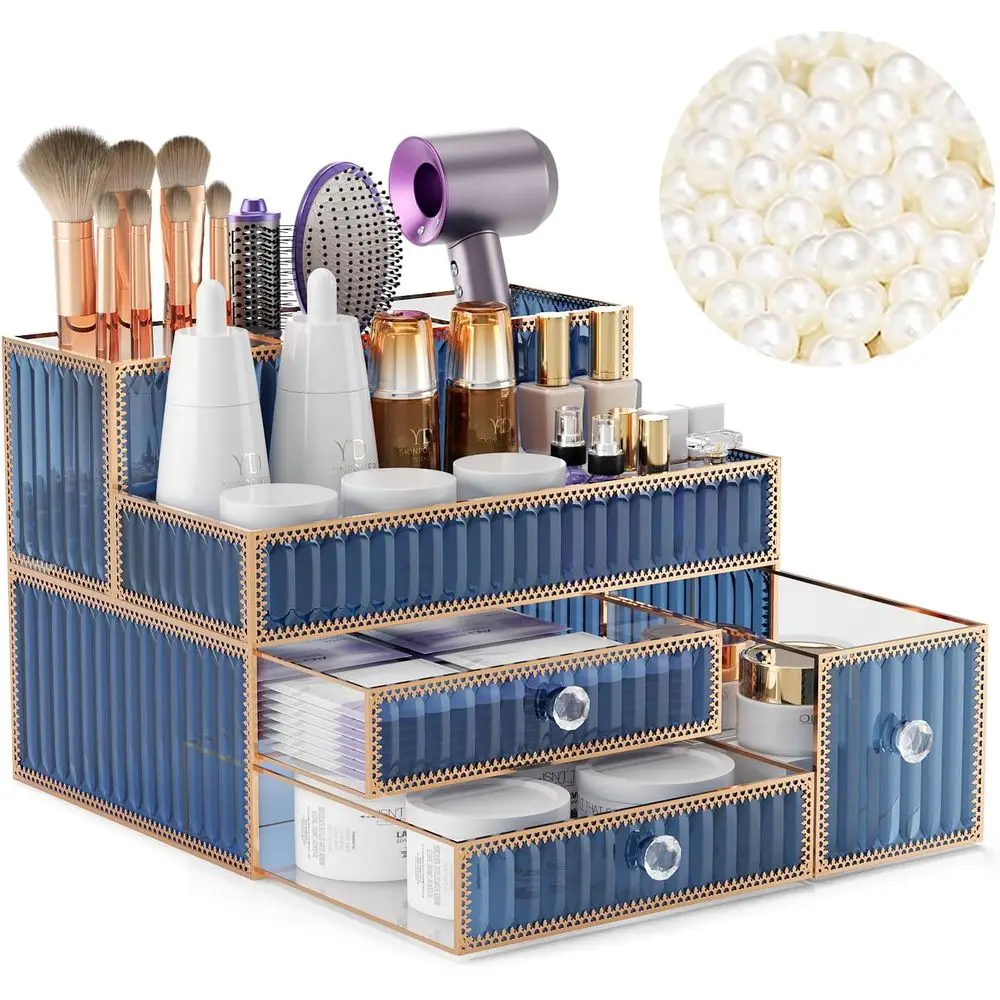 

Makeup Organizer Blue - Tempered Glass Vanity Organizer for Cosmetics, Skincare, Hair Tools, Brushes, Perfume - Multipurpose Bat