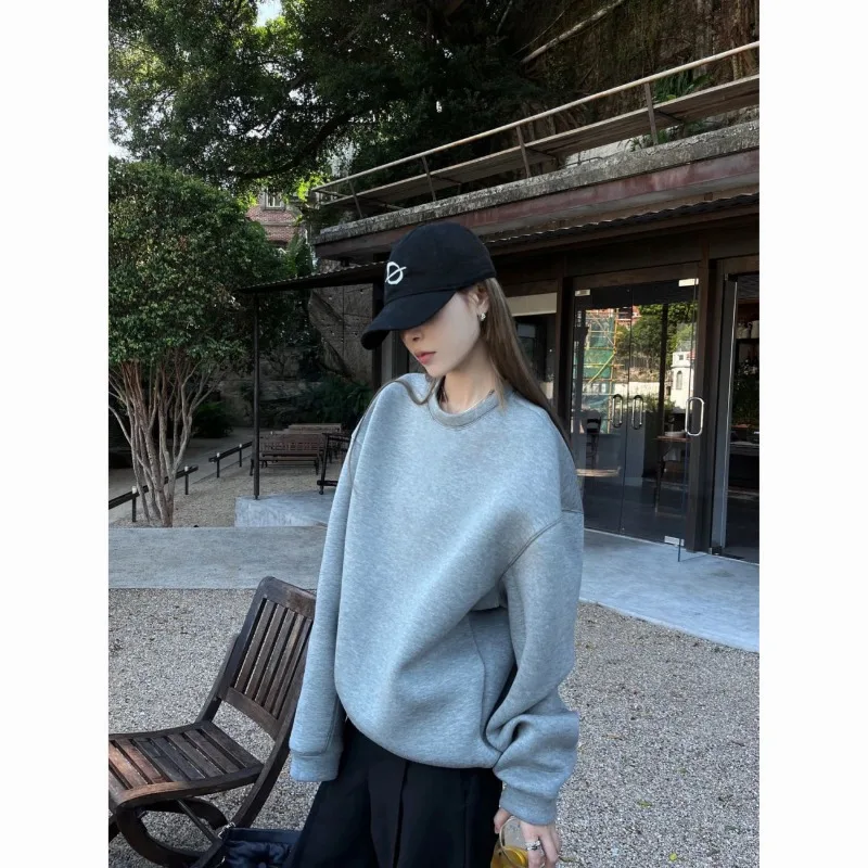 Women Korean Solid Color Crew Neck Sweatshirt Loose Casual Simple Versatile Long Sleeve Tops Autumn Winter