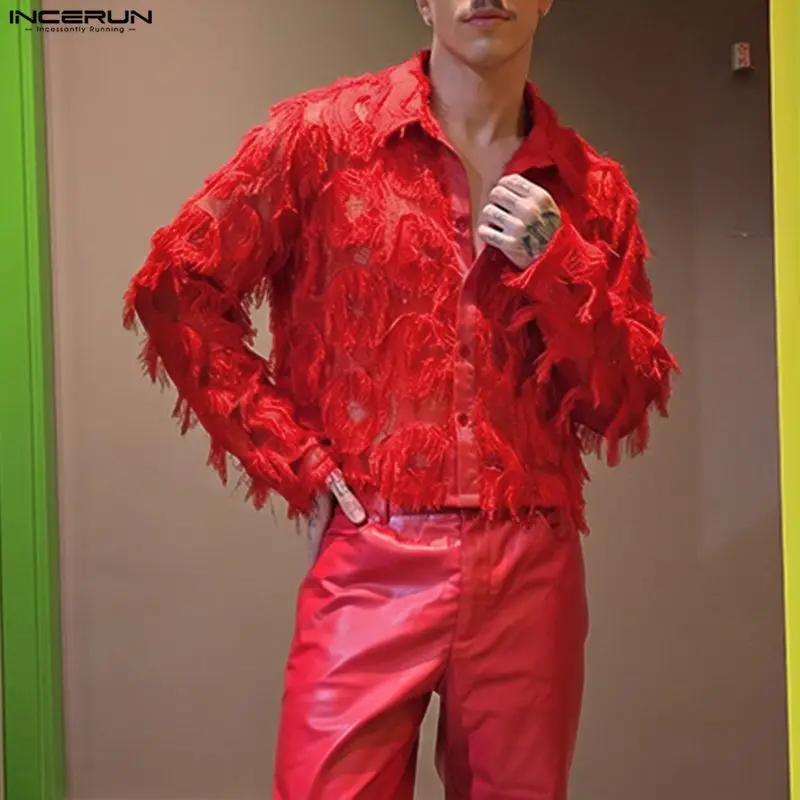 INCERUN Men Shirt Solid Color Lapel Tassel See Through Lapel Long Sleeve Men Clothes Streetwear Loose Sexy Fashion Tops For Man