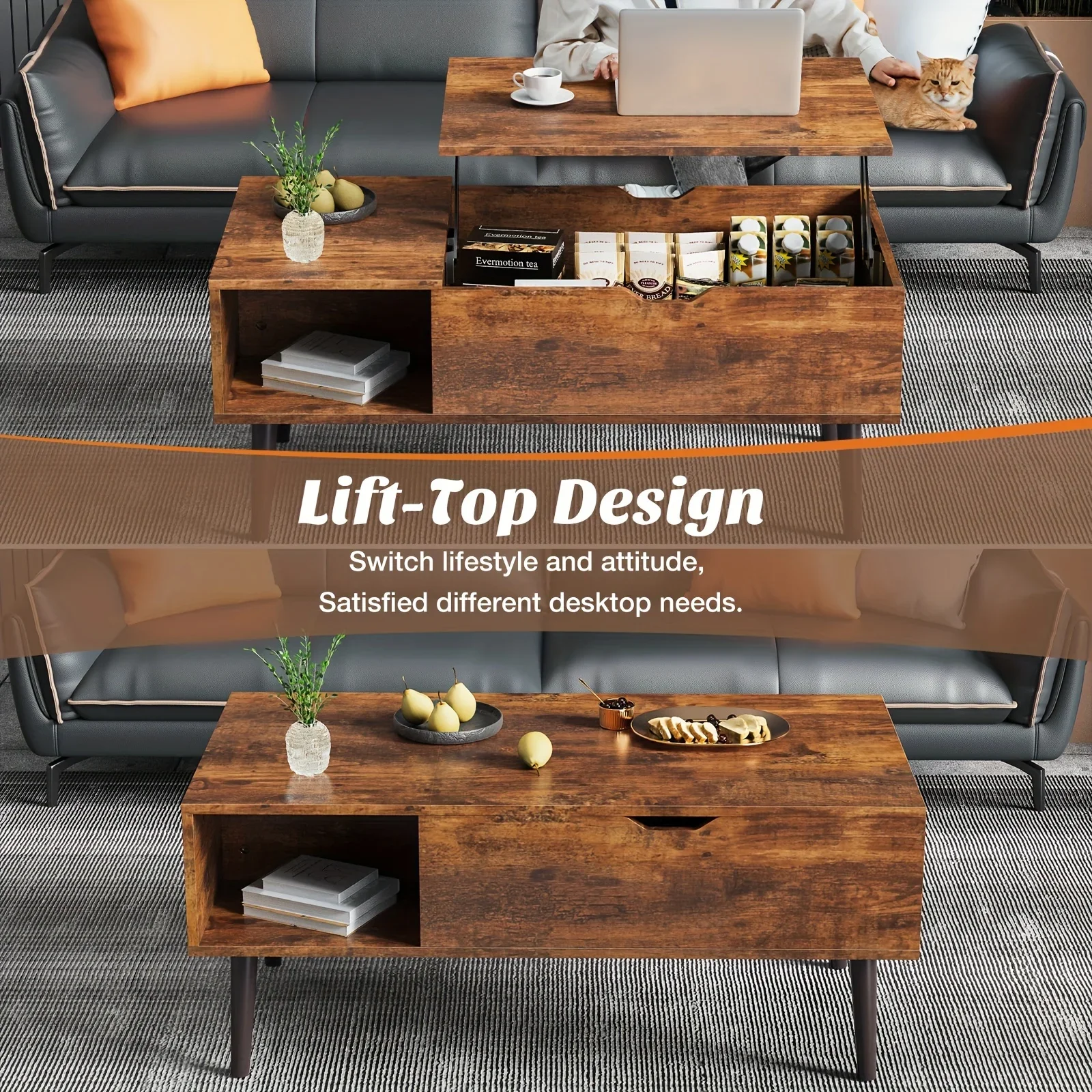 Lift Up Coffee Table Living Room With Adjustable Storage Rack And Storage Space Retro Style Durable Wooden Structure