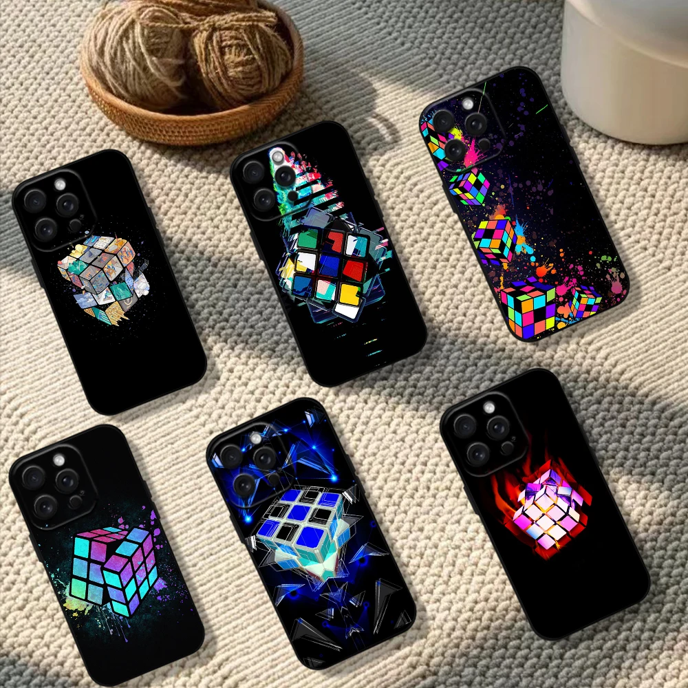 Funny-R-Rubiks-C-Cube Phone Case For iPhone 11 12 13 14 15 16 Pro Max Plus Black Silicone Soft Case