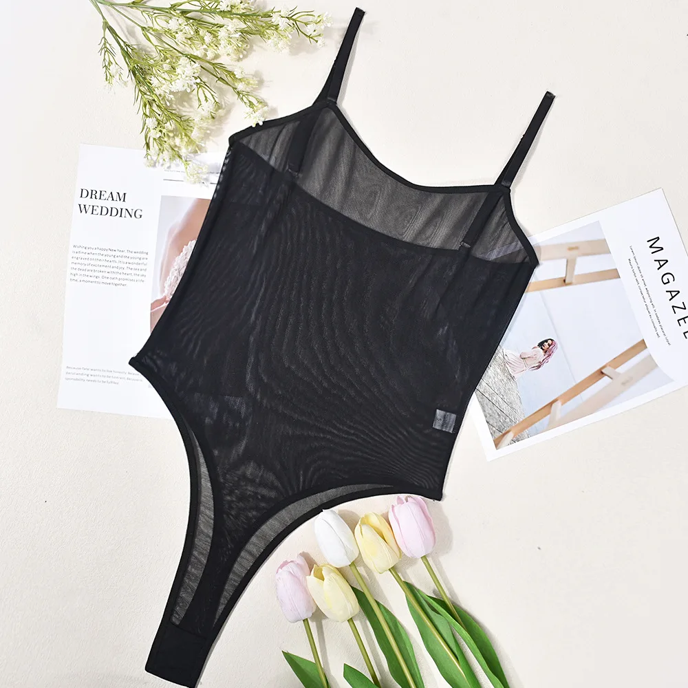 Lace Bodysuit Sheer Mesh One Piece Bright Body Women Solid Sexy Top Crotchless Sissy Naked Tight Fitting Teddy Lingerie