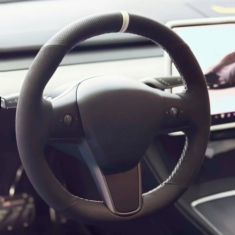 Custom Car Steering Wheel Cover Suede Leather For Tesla Model 3 Model Y 2017 2018 2019 2020 2021-2023 Steering Wrap Cover