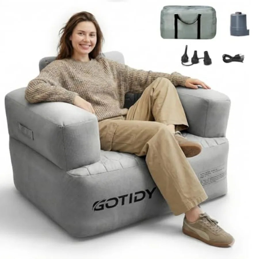 

Inflatable Couch for Camping, Beach, Backyard Party PVC-Free Breathable Fabric, Gray Detachable Pump, Puncture-Resistant Textur