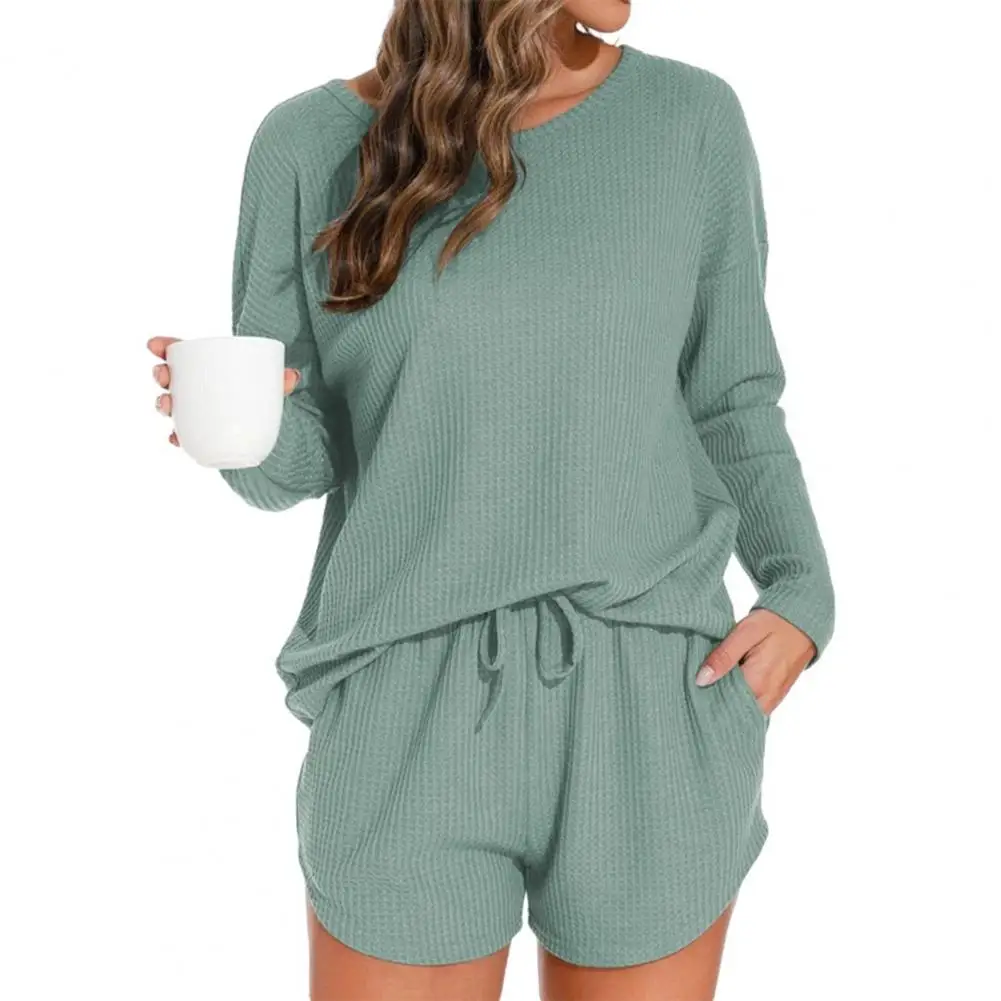 

Women's Waffle Knit Pajama Set Casual Long Sleeve Top And Shorts Sleepwear 2 Piece Lounge Set with Pockets