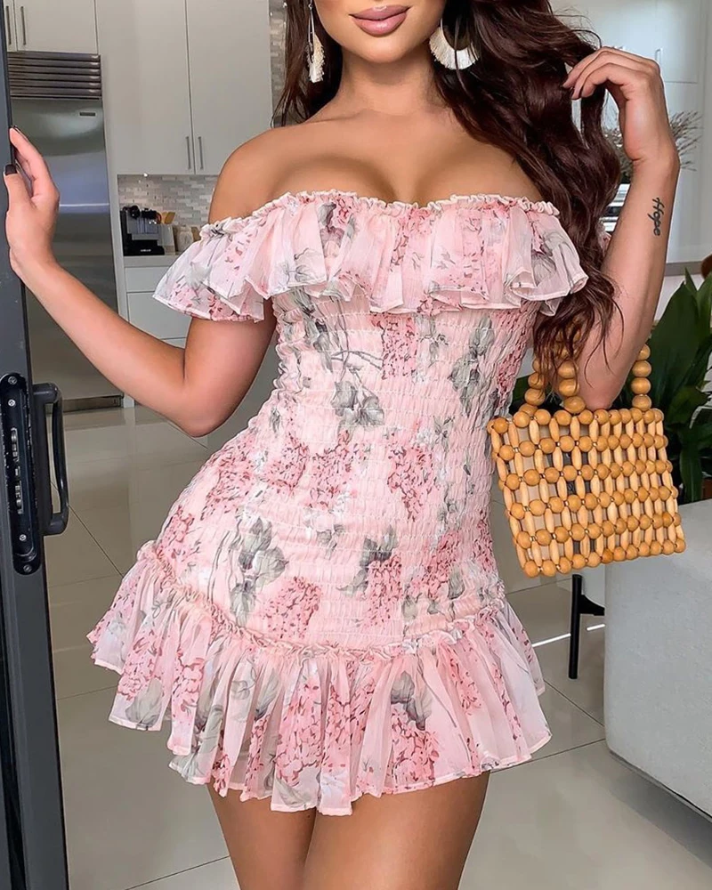 Floral Print Ruffles Off Shoulder Shirring Bodycon Party Wedding Dress