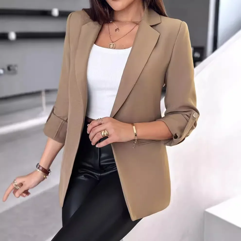 Damen-Cardigan, einfarbig, langärmelig, Revers, Knopftasche, Anzugjacke, Herbst/Winter