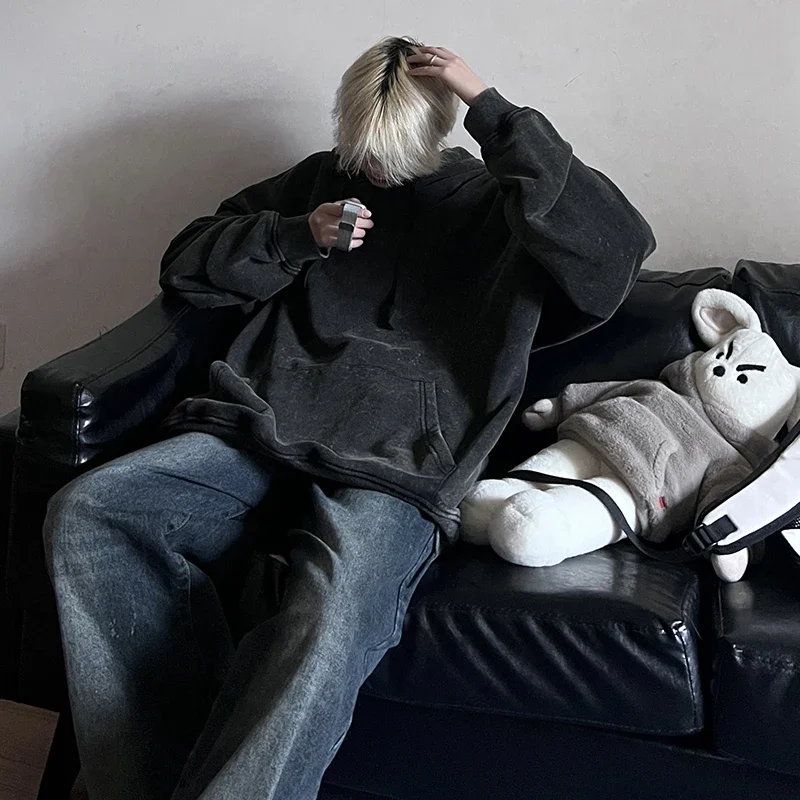 New Men\'s Solid color washed hoodie Sweatshirt Couple Hoodie Long Sleeve Loose hip-hop youth Street Boy Pullover Sweater 2024