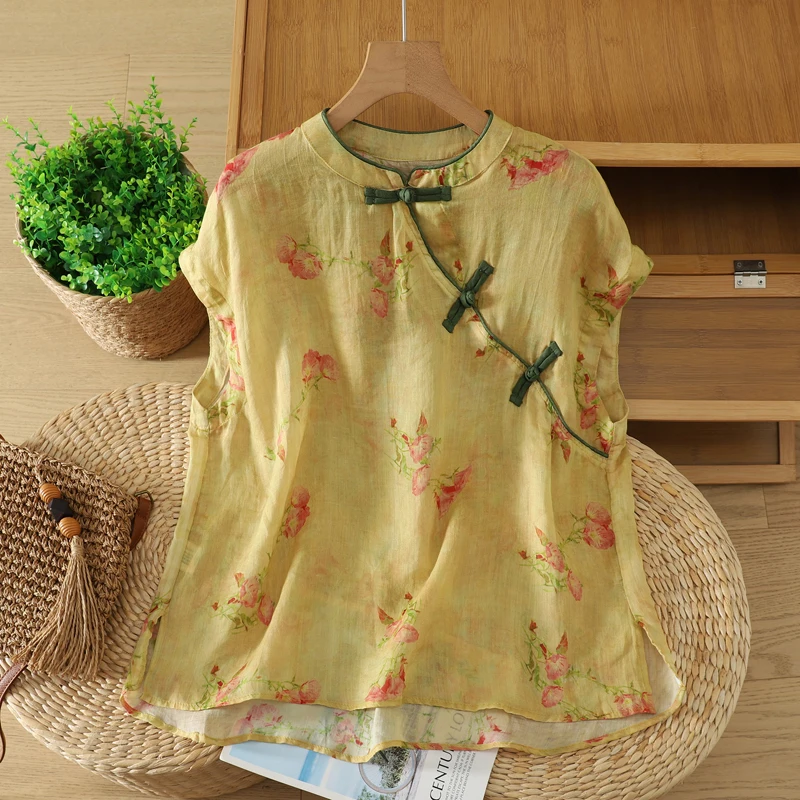

Large Size Cotton Linen Base Shirt Vintage Asymmetrical Hemline Meat Concealing Women's Fashion Summer New Style Button T-shirt
