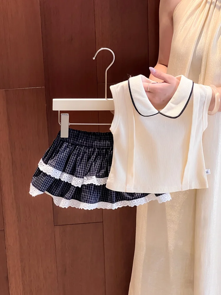 

Girls Summer Outfit 2026 New British Style Plaid T-Shirt Skirt Two-Piece Set Breathable Cotton Short Sleeve Flip-Collar Strip...