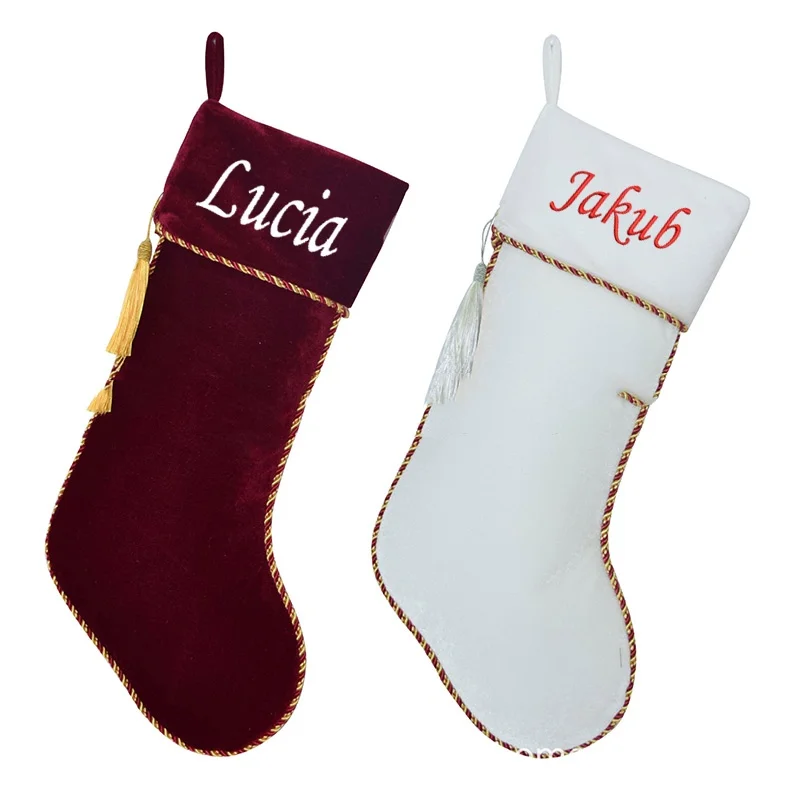 

Personalized Customization Of Red And White Velvet Christmas Socks, Tassel Decoration, Gift Bags, Christmas Tree Decorations