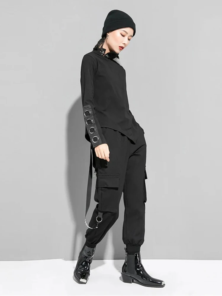 Amax LuluE 2025 Spring Fashion British Womens Punk Loose Tee Shirts Ladies Casual Black Tops Turtleneck Design Luxury Clothing